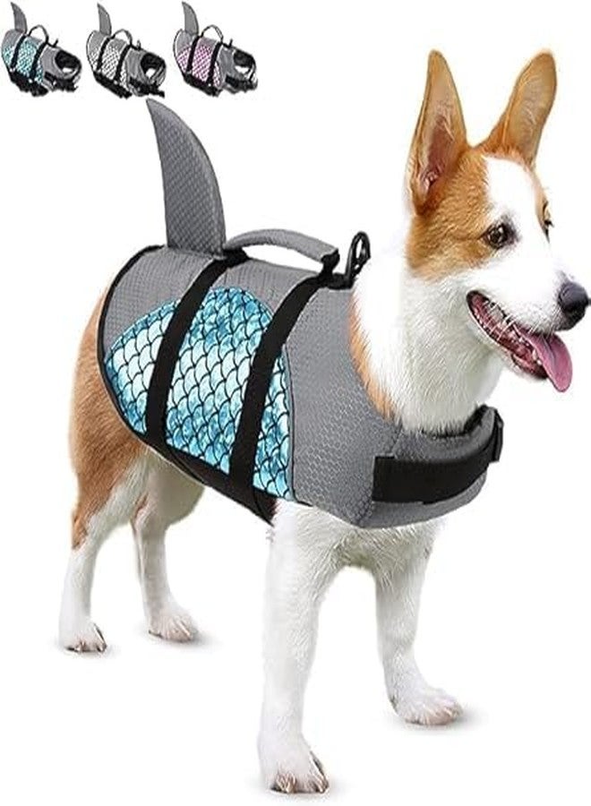 MUGATH Polyester Dog Life Jacket | Adjustable Dogs Swimming Vest with Shark Fin, Safety High Visibility Pet Floatation Vest Life Preserver for Dogs for Swimming and Boating (L, Blue) - Image 1